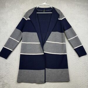Talbots Sweater Womens Large Petite Navy Striped Open Front Cardigan Merino Wool